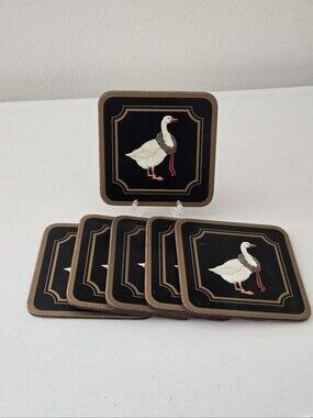 VTG 80s Pimpernel Christmas Goose Wreath Gold Tone Trimmed Black Coasters X6